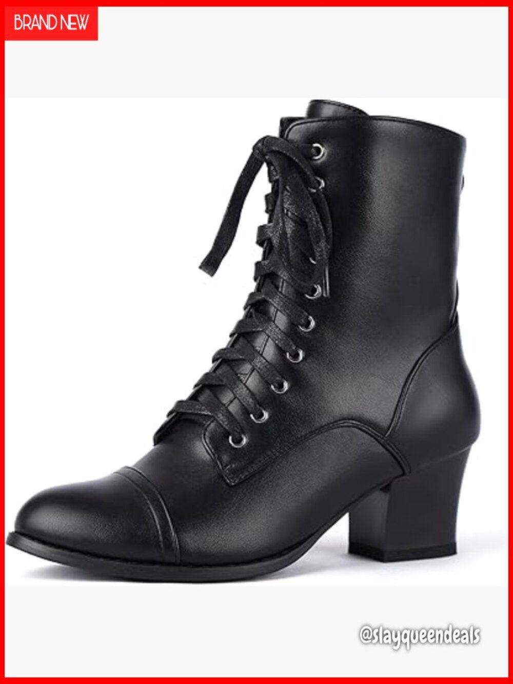 Victorian Ankle Boots Lace Up Side Zipper Chunky Heel Faux Leather
